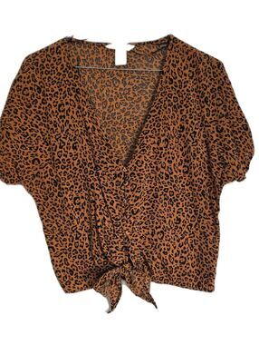 H&M Brown Leopard Print Tie-Front Crop Top